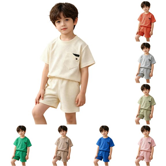 LIIPEE Summer Outfits For Boys Athleisure Solid Color Ribbed Short Sleeve Tees And Shorts 2 Piece Set Kids Cute Comfortable Breathable Lightweight Outfit Sets,9-10 Years