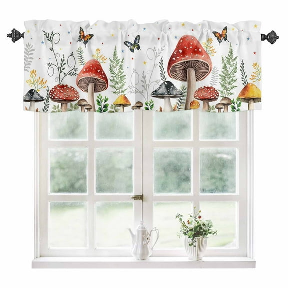 Mushroom Kitchen Valances for Windows 42x12 Inch Kitchen Curtains Valances Rod Pocket Butterfly Botanical Star Country Plant White Bathroom Window Valances for Window Treatment Decor