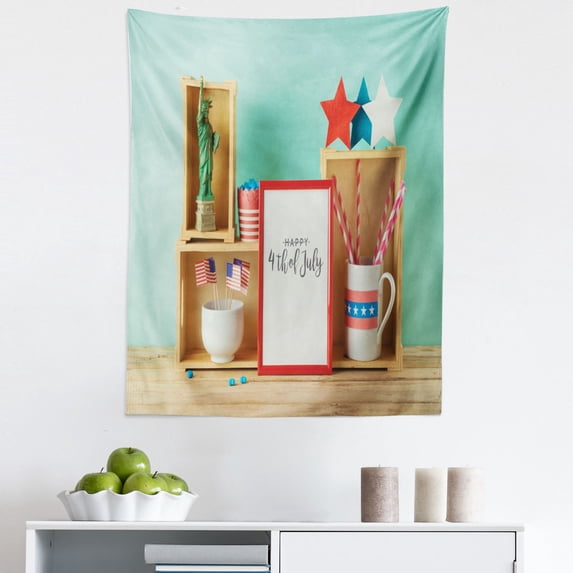 4th of July Tapestry, Patriotic Theme Arrangement Design on Wooden Table Image Picture, Fabric Wall Hanging Decor for Bedroom Living Room Dorm, 5 Sizes, Seafoam and Multicolor, by Ambesonne