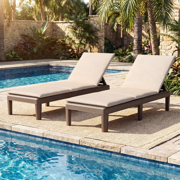 Gymax 2PCS Patio Lounge Chair Recliner Chair w/ 3-Position Adjustable Backrest & Cushion Brown & White