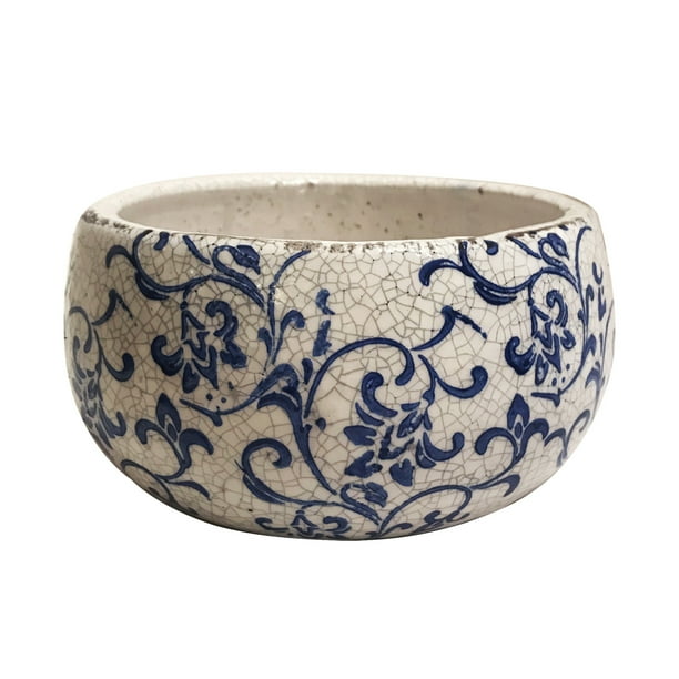 Old world hand pressed ceramic blue and white vine pattern planter or