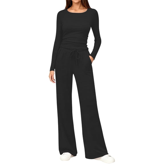 BODOAO Women's 2 Piece Sweatshirt Set Long Sleeve Scoop Neck Crop Top and Wide Leg Pants Casual Lounge Tracksuit, Soft Matching Outfit for Travel, Home and Daily Wear Set Black L