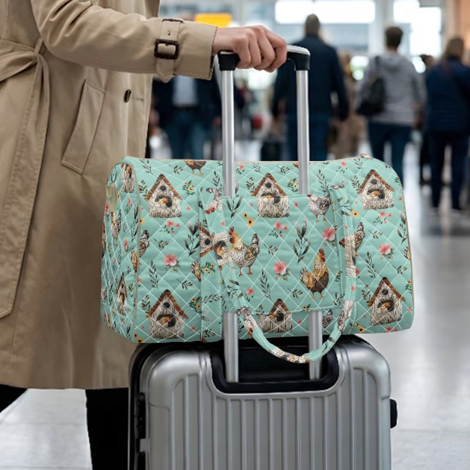 Garronmavis Large Quilted Duffle Bag for Women, Green Chicken Floral Print Weekender Bag Travel Carry On Tote Overnight Gym Dance Bag with Luggage Sleeve