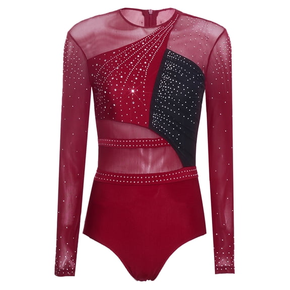 HULIJA Women's Rhythmic Gymnastics Leotard One Piece Color Block Bodysuit Rhinestones Ballet Dance Unitard Black XL