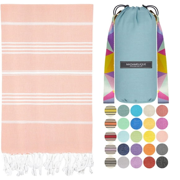 Madamelique Toalla De Playa Turca Con Bolsa De Playa - 39 X 74 - Toallas De Playa Prelavadas De Gran Tamaño -% 100 Algodón - Secado Rápido - Sin Arena - Toallas De Baño Turcas Tejidas A Mano - Toalla