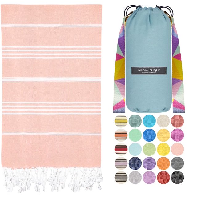 Madamelique Toalla De Playa Turca Con Bolsa De Playa - 39 X 74 - Toallas De Playa Prelavadas De Gran Tamaño -% 100 Algodón - Secado Rápido - Sin Arena - Toallas De Baño Turcas Tejidas A Mano - Toalla