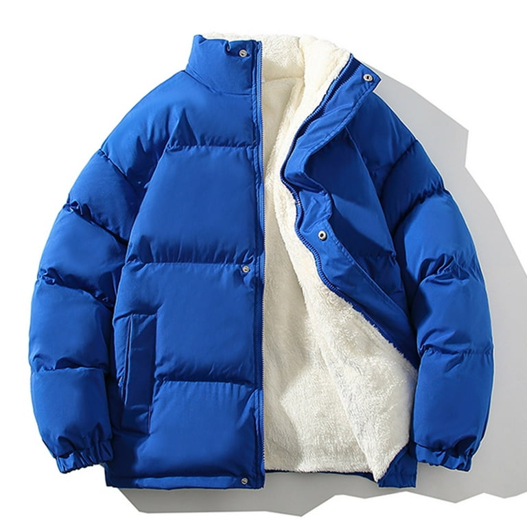 Olyvenn Mens Casual Solid Stand Collar Zip Up Windproof Keep Warm Long Sleeve Jacket Coats Winter Warm Long Sleeve Hooded Fleece Puffer Jacket Thick
