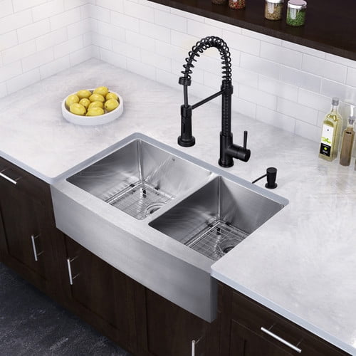 Vigo 33 Farmhouse Stainless Steel 16 Gauge Double Bowl Kitchen Sink And Edison Matte Black Pull Down Spray Faucet Com Pull Down Spray Kitchen Faucet, Faucet For Farmhouse Sink