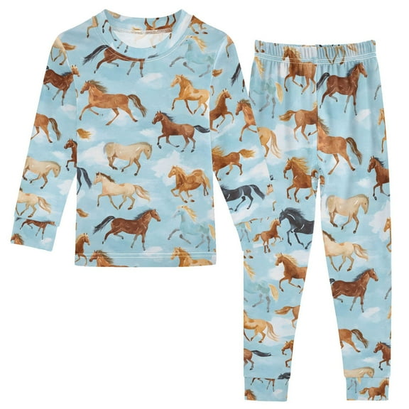 joogoo Running Horse Blue 2 Piece Long Sleeve Tee and Pants Cotton Pajama Set 5Y