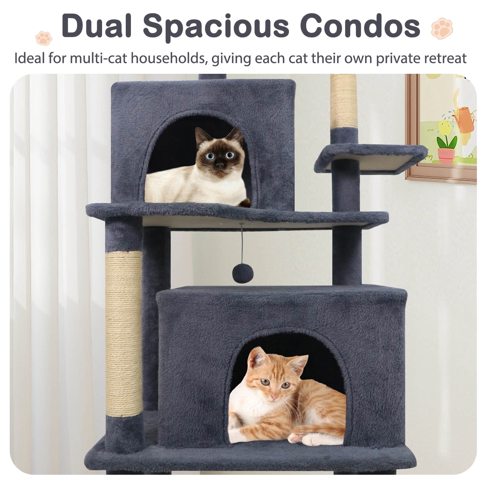 Costway 70” Large Cat Tree for Indoor Cats with Plush Top Perch, Dual large Condos, Hammock Dark Gray