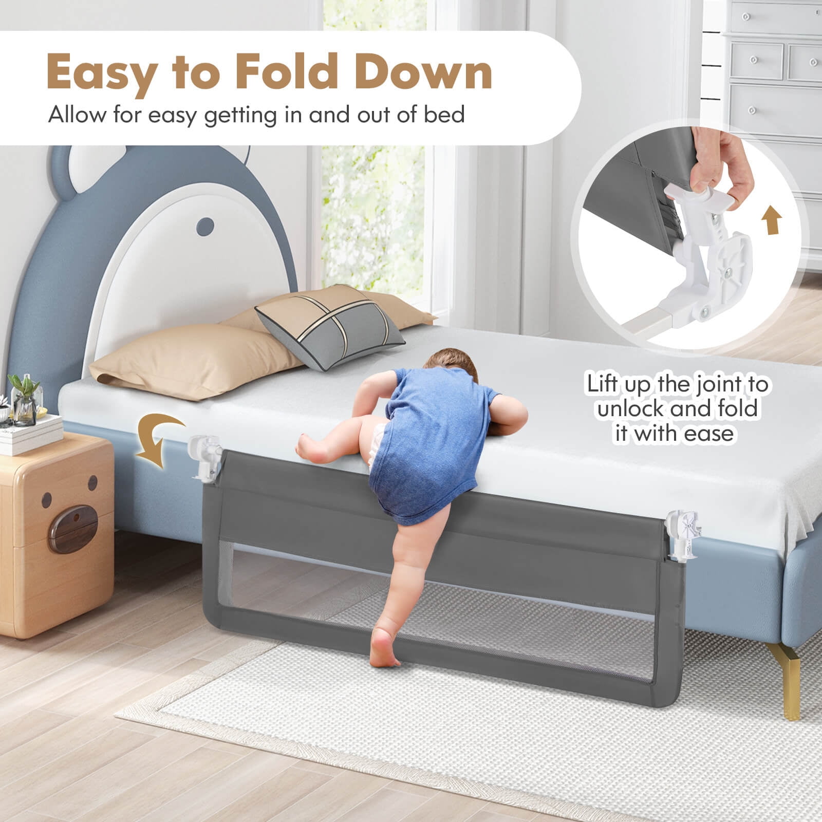 Infans 59" Breathable Baby Children Toddlers Bed Rail Guard Safety Swing Down Gray