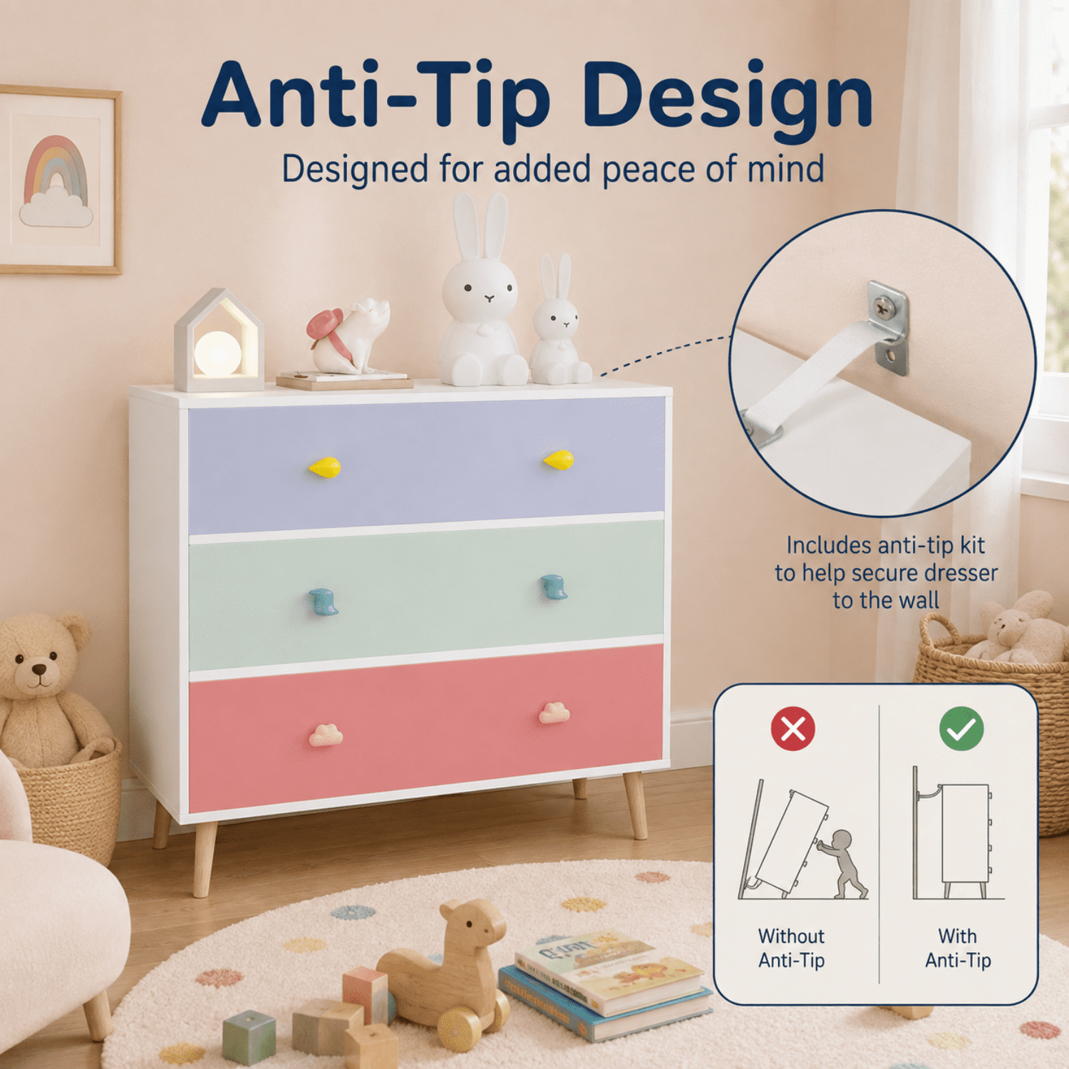 Miniyam Drawer Dresser with Glides & Safety Design for Kids, Colorful