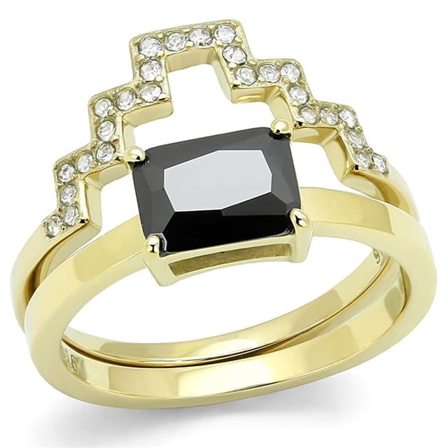 Alamode TK3127-5 Women IP Gold Stainless Steel Ring with AAA Grade CZ in Black Diamond - Size 5