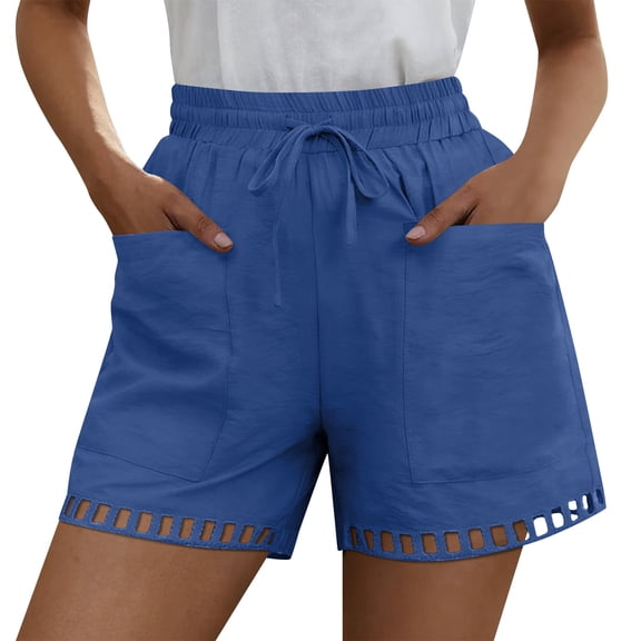 Hiking Shorts for Women New Women's Shorts with Elastic Waist Drawstring Fashion Loose Cutout Hem Casual Bottoms 2026 Summer Comfy Lightweight Shorts Blue M