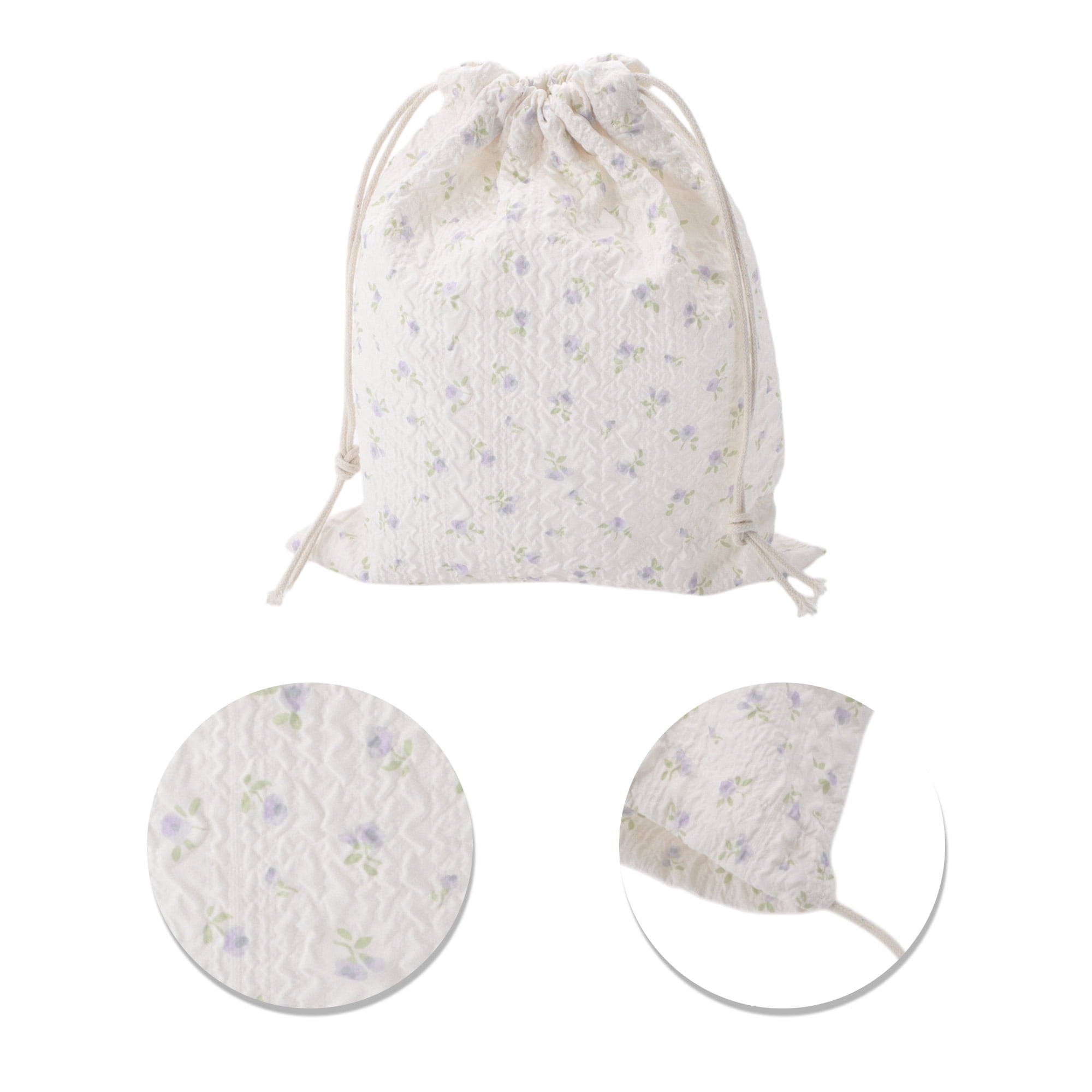 Unique Bargains 1 Pc Purple Flowers Drawstring Makeup Bag for Travel Beige 7.48 in