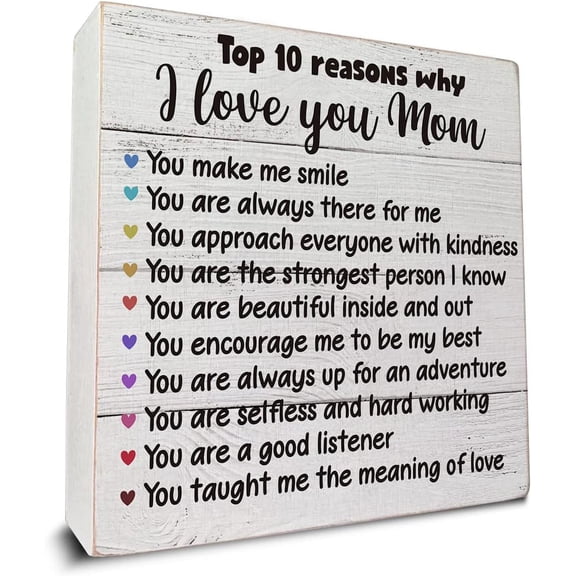 Zomyto 5x5 IN 10 Reasons Why I Love You Mom Wooden Box Sign Desk Decor,
