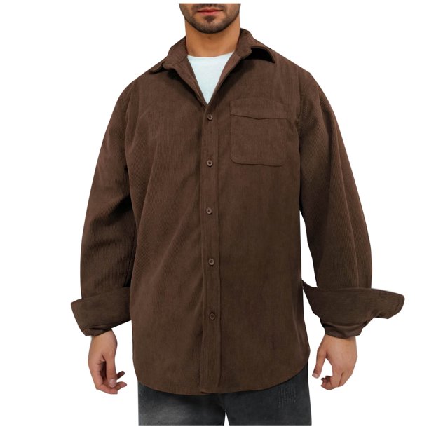 Blusa y camisa de manga larga con cuello vuelto para hombre, estilo casual, con botones, bolsillo, pana, manga larga, solapa, algodón y licra.