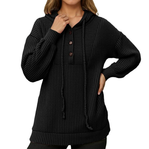 XIAOCHA Womens Hoodies Button V Neck Long Sleeve Solid Color Ribbed Knit Hooded Sweater Simpel Oversized Pullover Drawstring Top Black