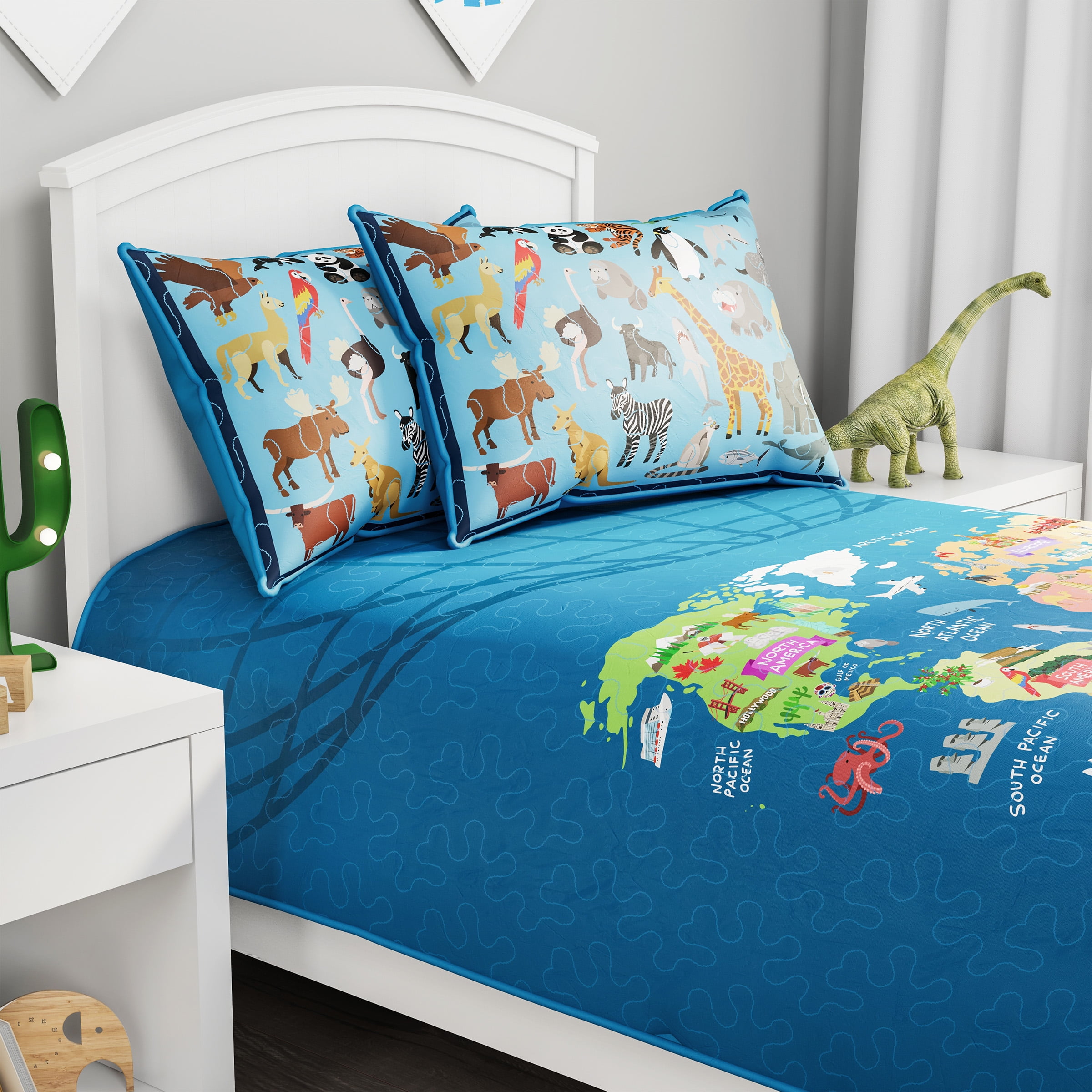 Somerset Home Landmark & Animal World Map Comforter Set for Children- Twin XL