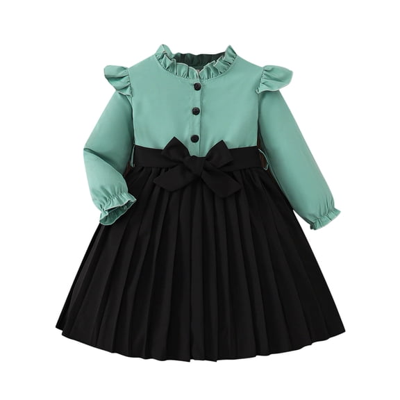 GigrtiJin 2-7 Years Dress for Toddler Little Girls Color Block Doll Collar Ruffle Long Sleeve Button Preppy Pleated Dress with Bow