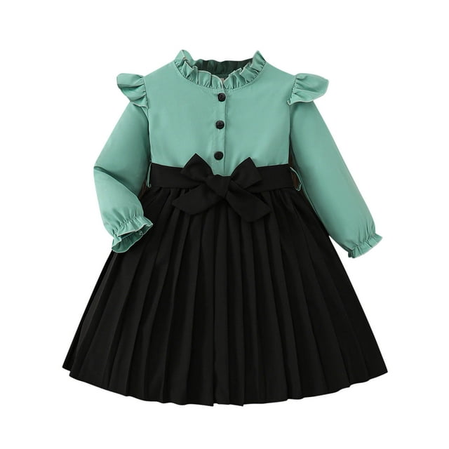 vdgthytj Robe à Manches Longues pour Fille Mignonne avec Nœud Papillon, Volants Plissés, Robe de Fête d'Anniversaire pour Enfants