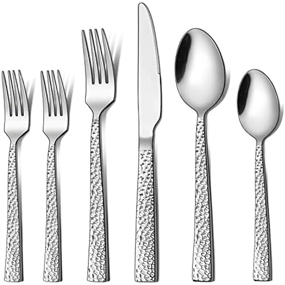 Hammered Silverware Set for 8, 48 Piece Flatware Set Plus Extra Forks, Stainless Steel Hammered Square Flatware Cutlery Set for 8, Fancy Eating Utensils Tableware, Dishwasher Safe