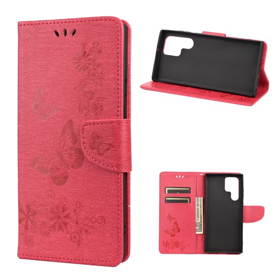 Allytech Wallet Case for Samsung Galaxy S22 Ultra 5G, Big Butterfly Embossed PU Leather Kickstand Flip Cover Shockproof Drop Protection Anti-scratch Wallet Cover for Samsung Galaxy S22 Ultra,Rose
