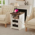 thumbnail image 4 of Farmhouse End Table with Charging Station, Nightstand with 2 Drawers & Open Storage,Sofa Side Table with Mesh Drawers, Design Bedside Table for Living Room, Bedroom, White, 4 of 7