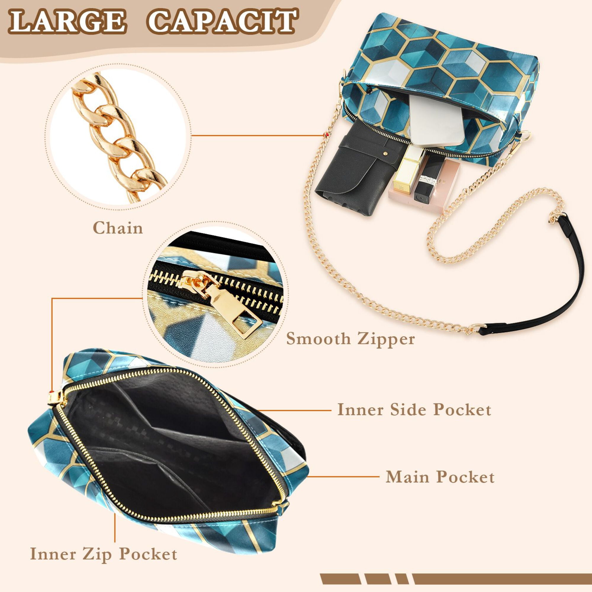 FORMRS Women Crossbody Purse with Chain Strap Vegan Leather Shoulder Handbag, Light Blue Geometric Pattern
