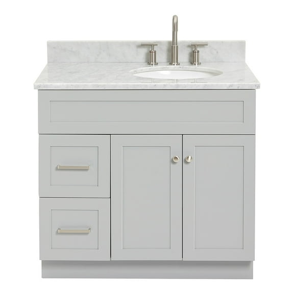 Ariel Hamlet 37 In. Right Offset Oval Sink Vanity With 0.75 In. Carrara White Countertop In Grey