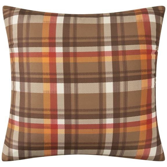Mainstays 16 in x 16 in Reversible Decorative Outdoor Throw Pillow, Brown Plaid