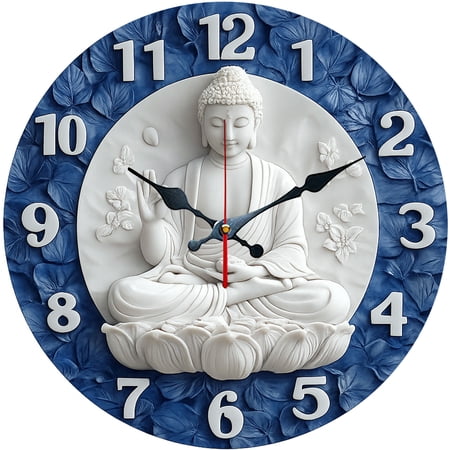 Hoease 10 Inch Silent Wall Clock, 3D Relief Buddha Statue Decorative Wall Clock, Battery Operated Non-Ticking Round Clock for Living Room Bedroom Buddhist Home Decor