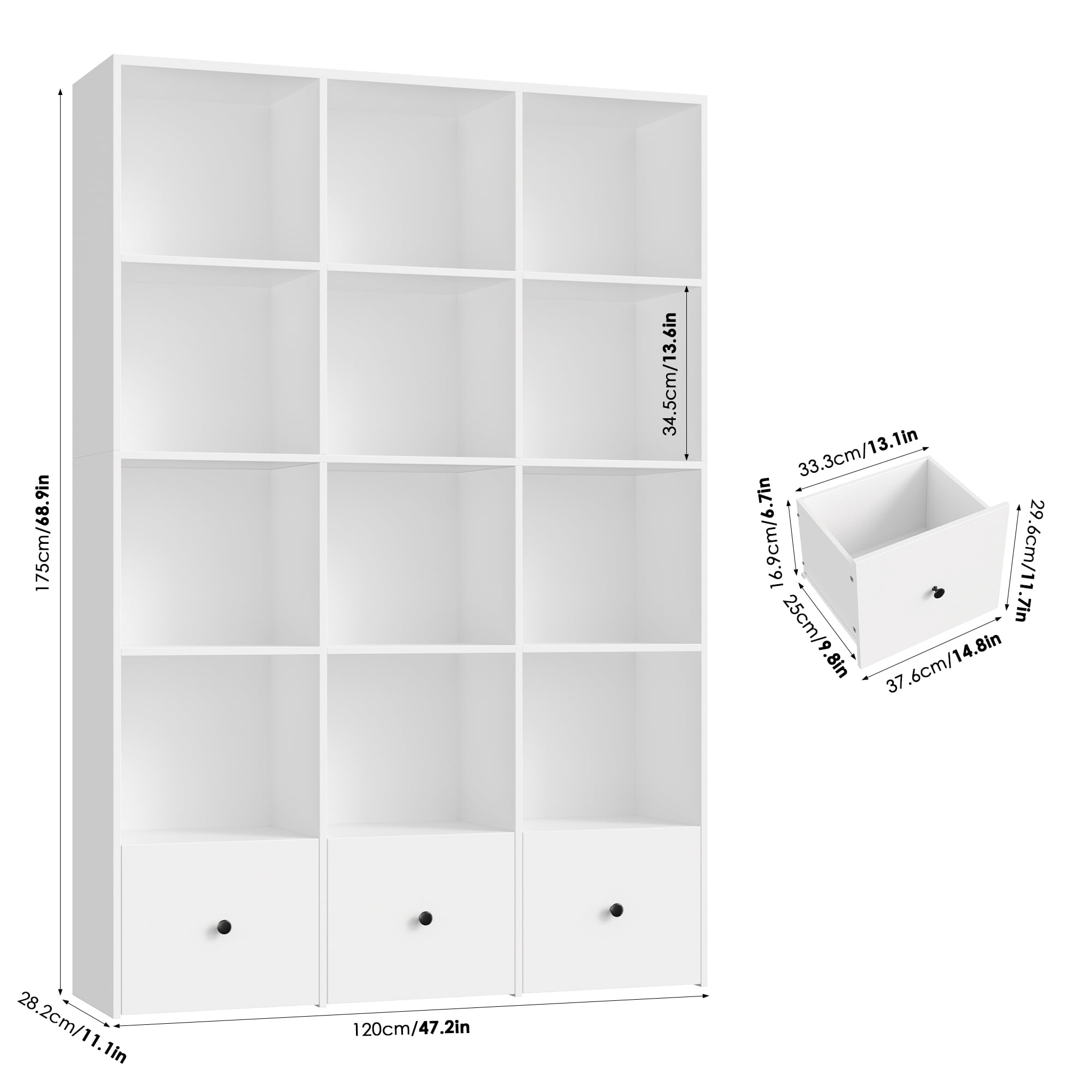 Hiphuta Triple Row 4-Tier Bookcase with 12 Cubes, 69" Tall Large Bookcase with 3 Drawers, for Office Living Room, White