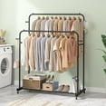 thumbnail image 5 of Double Rods Garment Rack with Wheels, Clothing Rack for Hanging Clothes,4 Hooks, Multi-functional Bedroom Clothes Rack, Black, 5 of 9