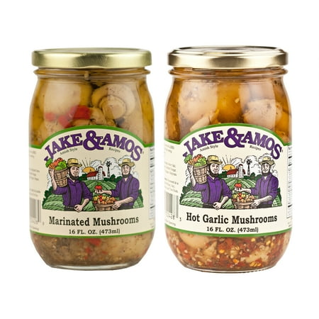 Jake & Amos Pickled Mushroom Variety Pack 16 oz. Marinated, Hot Garlic (1 Jar of