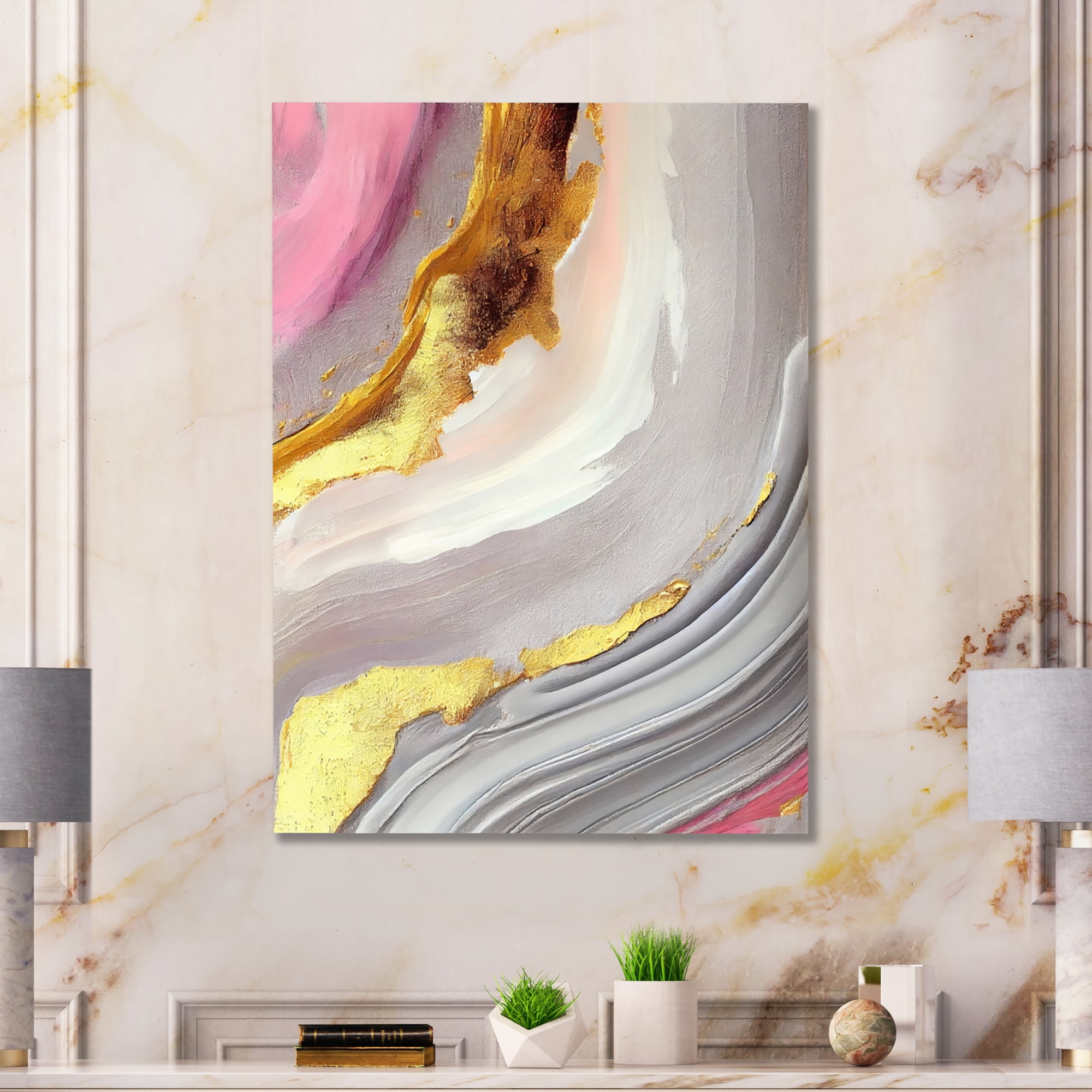 Designart Pink And Gold Marble Abstract VII Canvas Wall Art