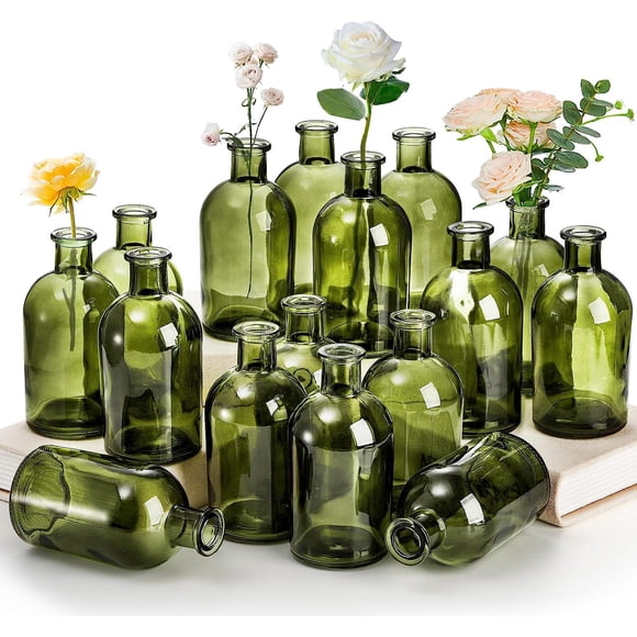 Jarrones de cristal Youeon Green para centros de mesa, 16 unidades