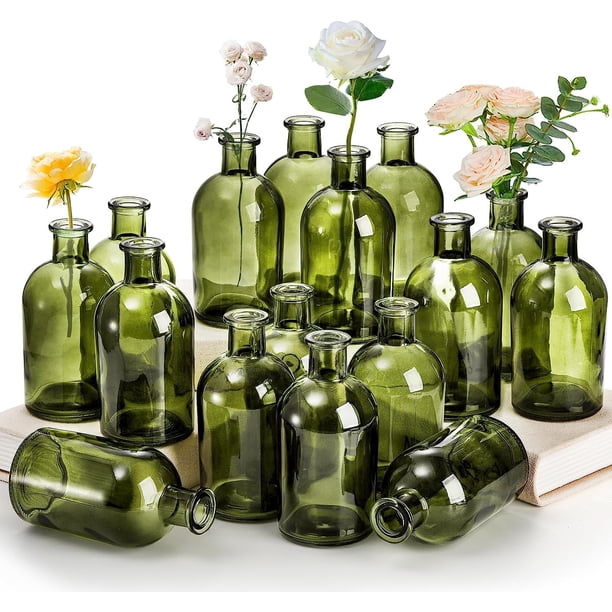 Jarrones de cristal Youeon Green para centros de mesa, 16 unidades