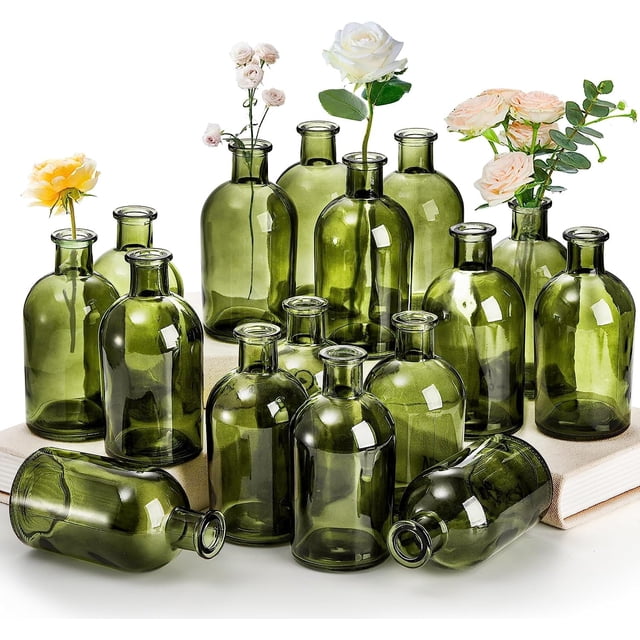 Jarrones de cristal Youeon Green para centros de mesa, 16 unidades