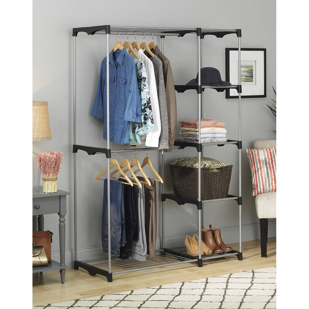 Whitmor Double Rod Closet System, Metal with Resin Connectors, Silver and Black, Adult