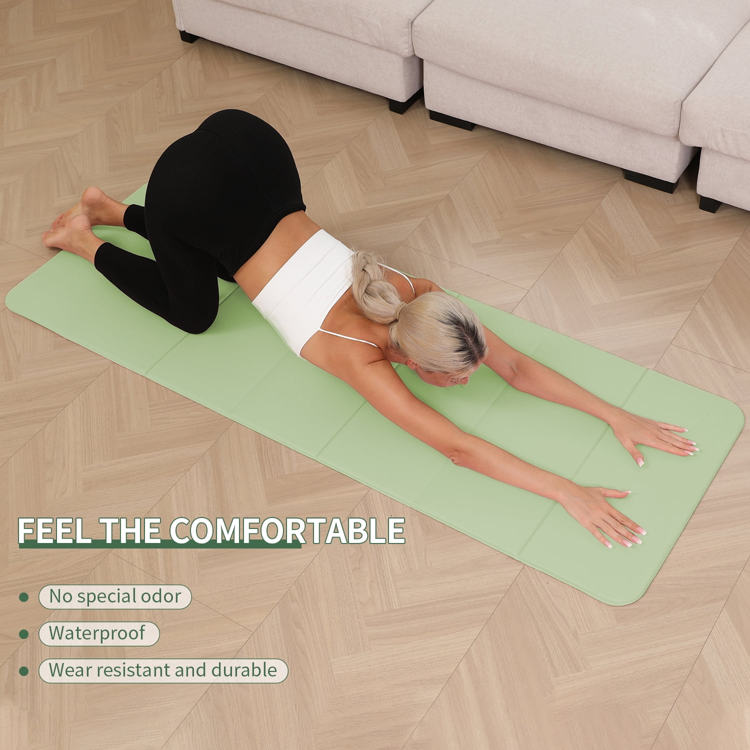Frach Foldable Yoga Mat, Workout Exercise Mat,Eco TPE 0.4 Inch Thick for Home and Travel,Instant Fold No Curling 75"x26"(Green)