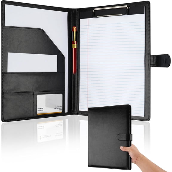 Professional Padfolio with Clipboard, Faux Leather Portfolio Folder Binder, Legal Pad Holder for A4 Letter Size Notepad, Resume, Writing Pad, Ideal Organizer for Business Office Conference, Black
