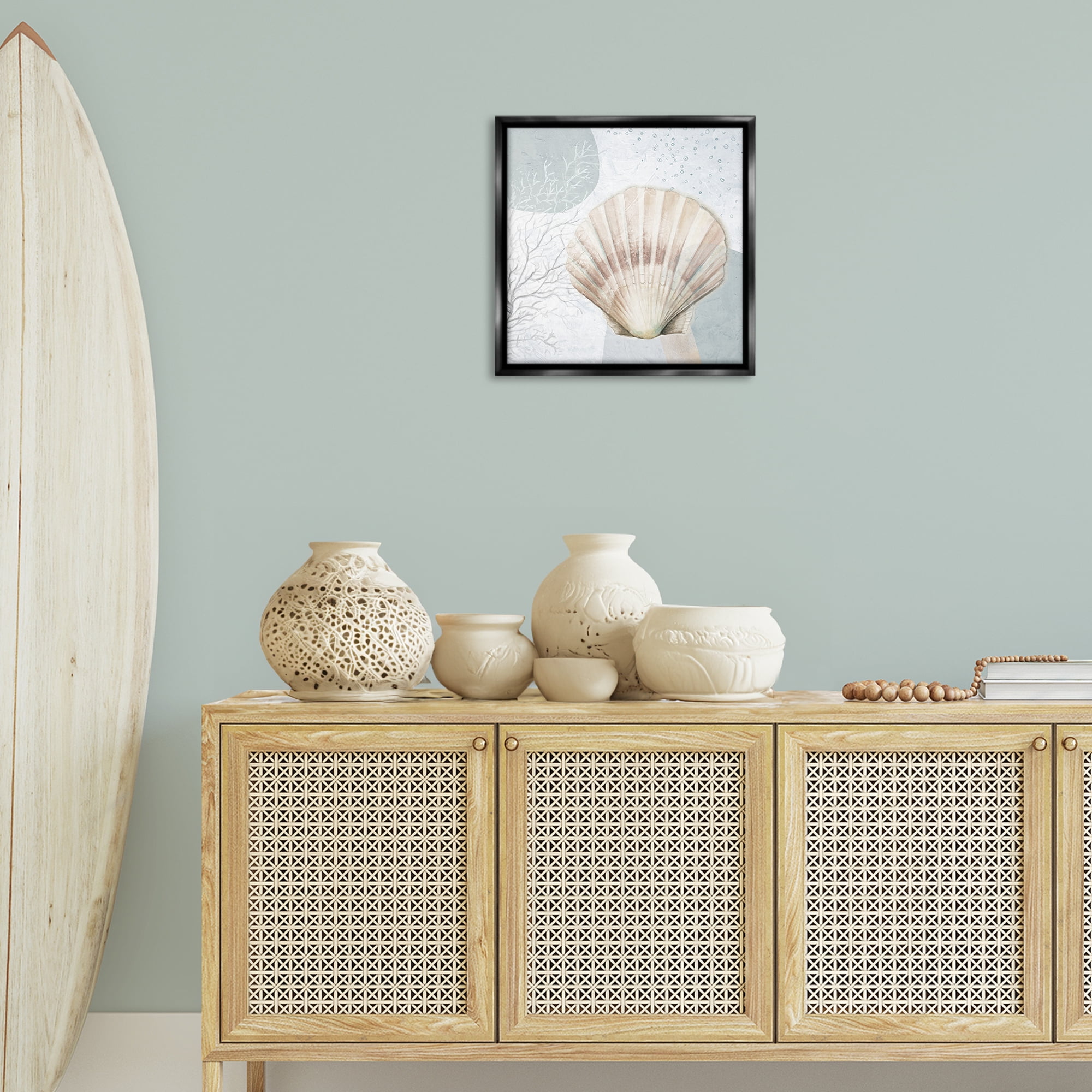 Stupell Industries Seashell Circle Pattern Coastal Painting Black Floater Framed Canvas Art Print Wall Art, 18 x 18