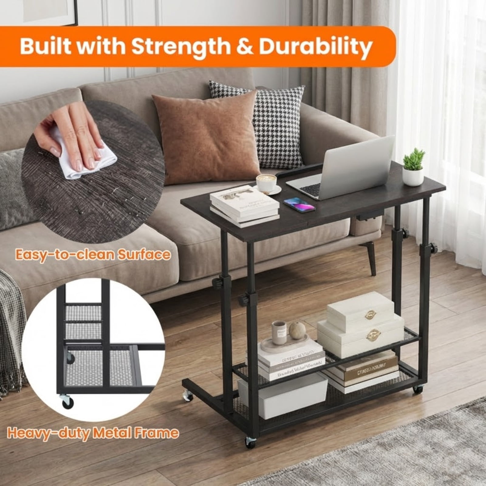 Furnibear Mobile Stand Up Desk Height Adjustable Standing Table with Tilting Tabletop and Storage Shelves, Oak