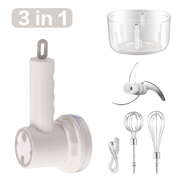 Batidora de mano inalámbrica, batidora eléctrica para huevos, leche y crema, recargable por USB, trituradora para carne, ajo y verduras (3 velocidades)
