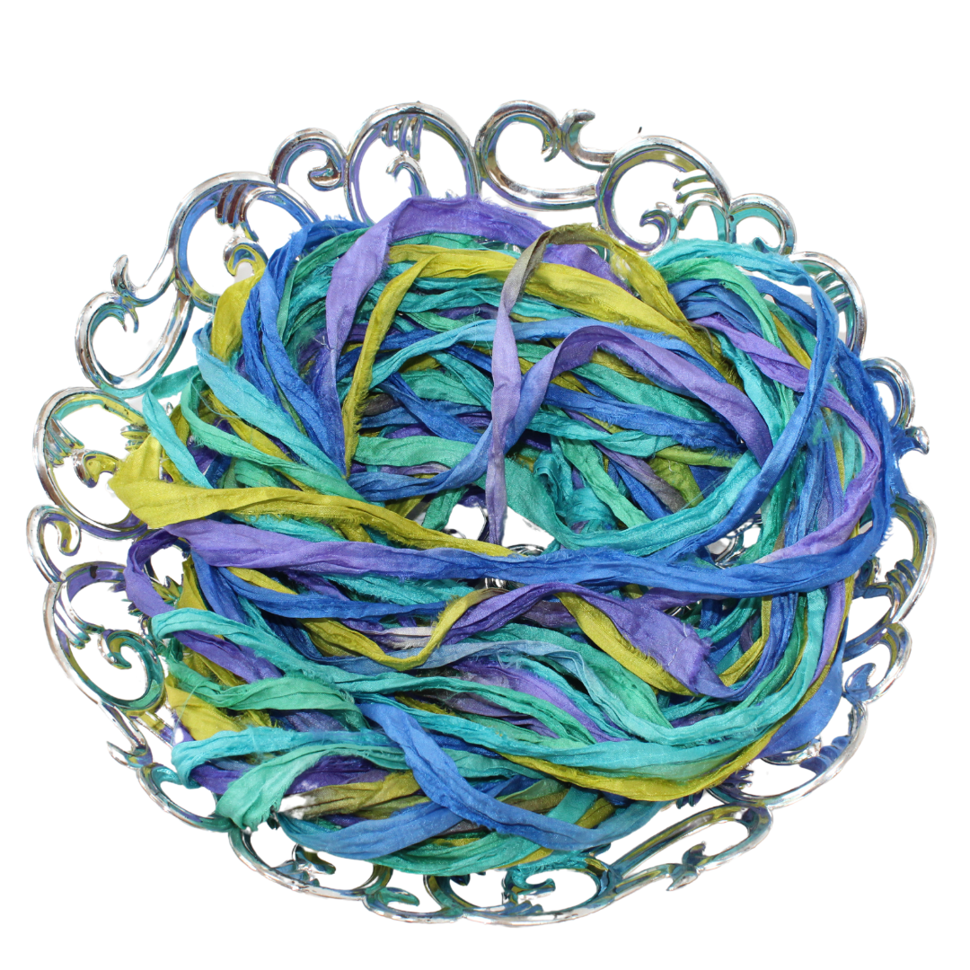 Knitsilk Recycled Sari Silk Ribbon Yarn|Best for Crochet, Knitting, and Embroidery and Jewelry Making |Sustainable and Unique Texture Ribbon Yarn|50 GMS-30Yards-Tye and dye, Pack of 2