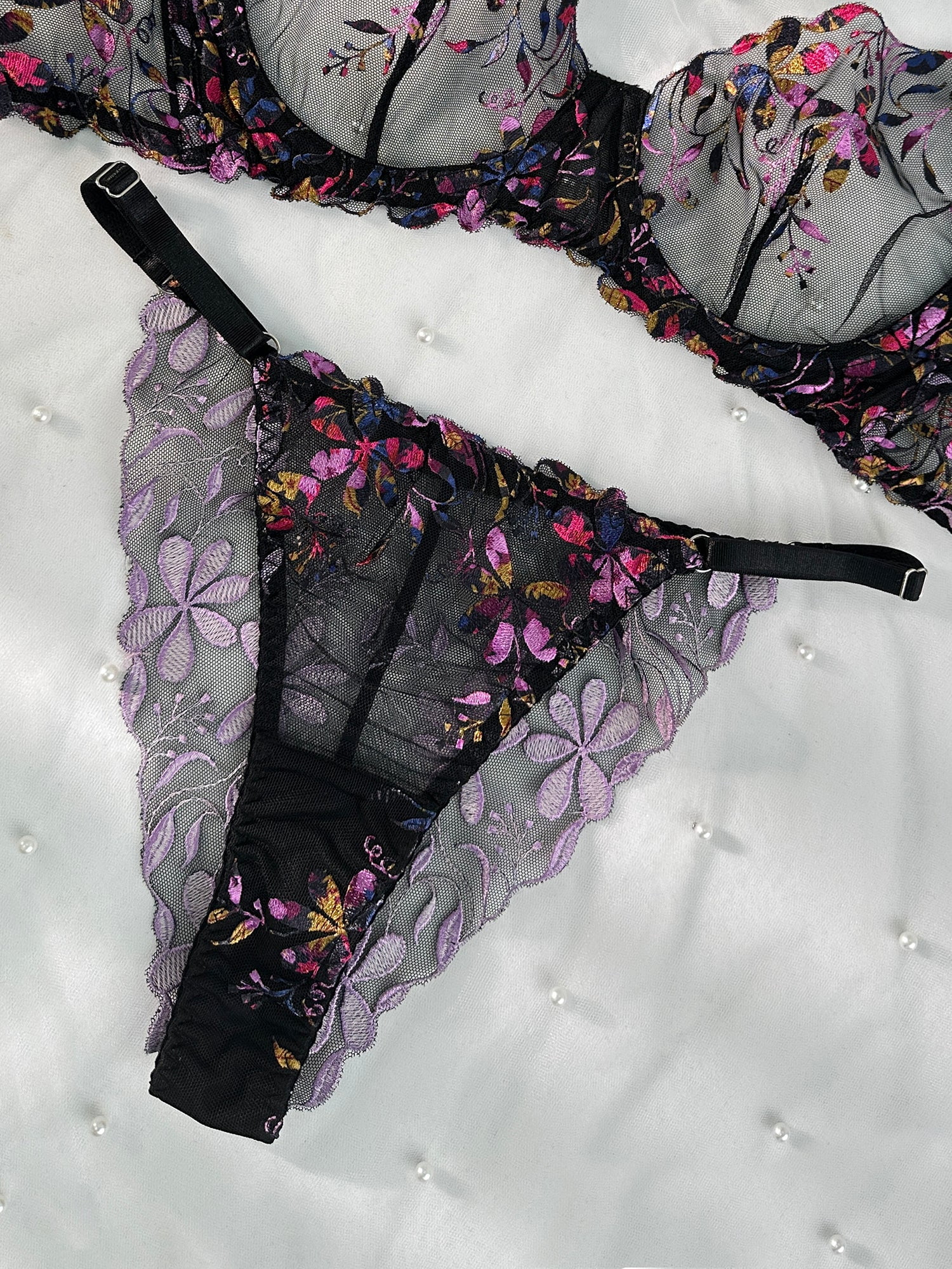 Midnight Blossom Lace Embroidered Lingerie Set (BLACK, L+)