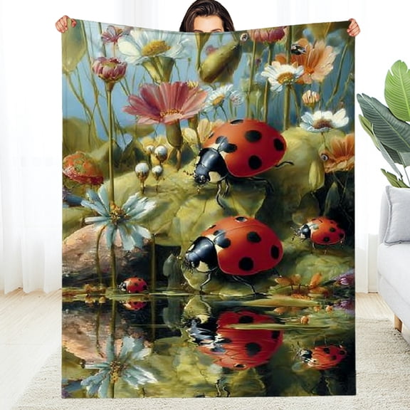 Creowell Ladybug and Flowers Blanket Ladybug Plush Blankets, Ideal for Home Decor, Couch, Bed, Travel, for Women Adults 30*40in