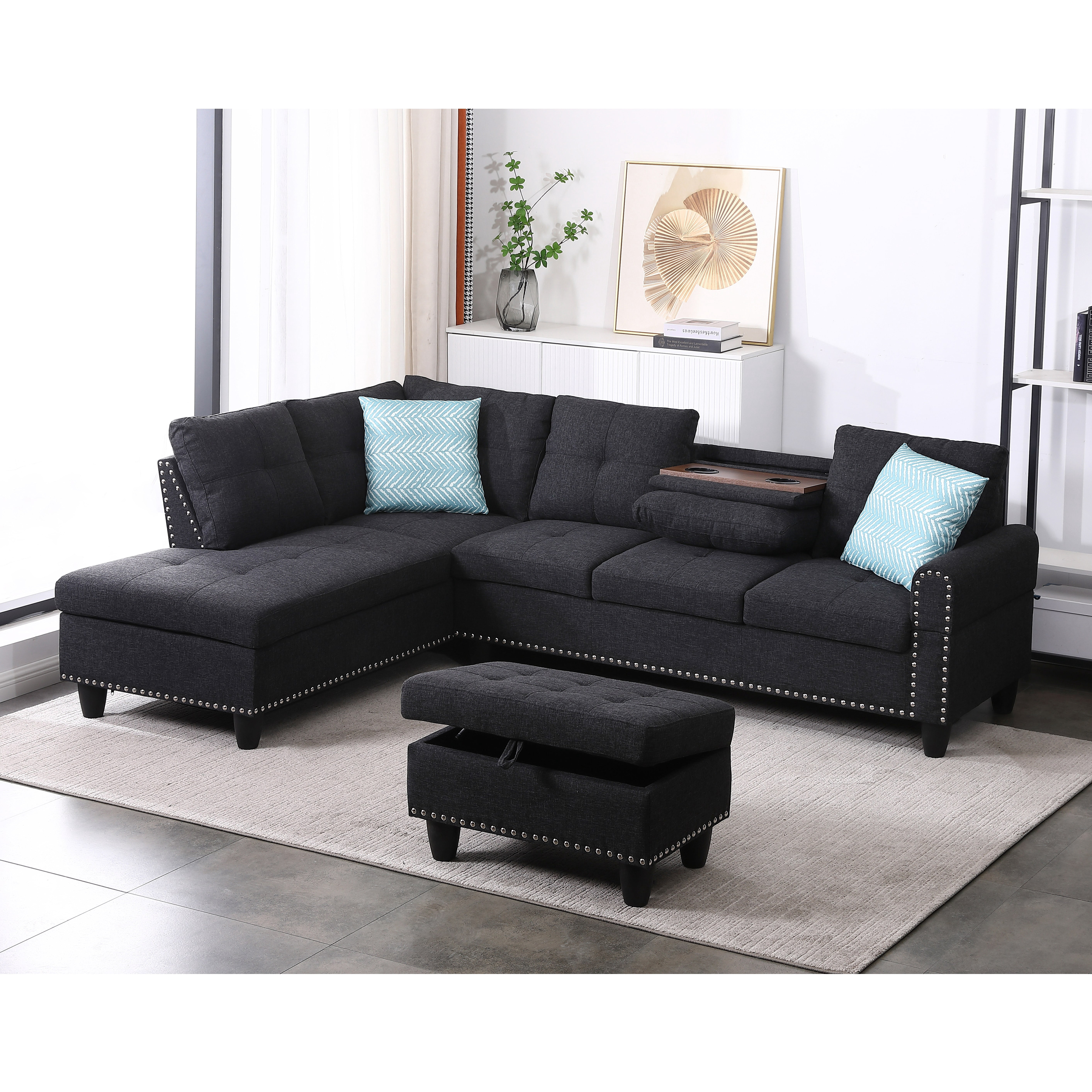 Gewnee L-Shaped Sofa & Chaise Sectional, Linen Blend Fabric Upholstered Couch with Storage Ottoman, Nailhead Trim and Toss Pillows for Living Room Apartment, Charcoal Grey