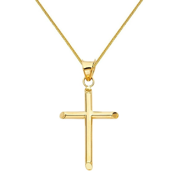 Precious Stars 14K Yellow Gold Religious 7/8" Cross Unisex Pendant with 16" Chain Necklace